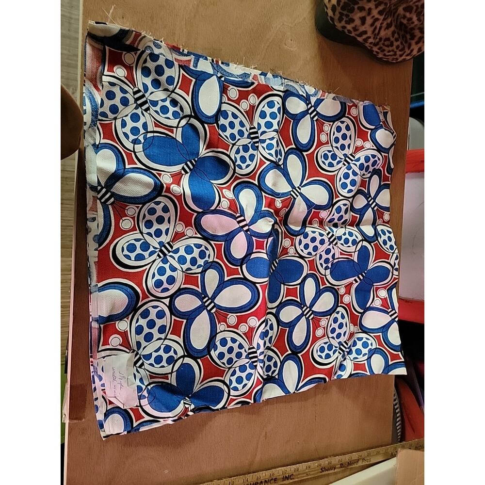 Vintage 60s 70s Butterfly Red Blue White Fabric 1 1/8 Yard